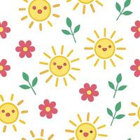 Playful spring sunshine seamless pattern with bright rays and whimsical clouds for fun energetic designs concept as Fun spring sunshine pattern with bright rays and whimsical cloud Clean Set 6 vector