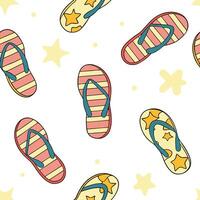 Playful summer flip flops seamless tile pattern with colorful beach footwear scattered on sand concept as Colorful flip flops scattered on soft beach sand create a fun playful seam Clean vector