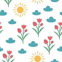 Playful spring sunshine seamless pattern with bright rays and whimsical clouds for fun energetic designs concept as Fun spring sunshine pattern with bright rays and whimsical cloud Clean Set 3 vector