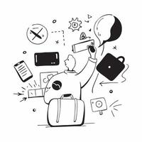 Person with travel bag documents and phone overlay symbolizing American business travel in double exposure with copy space concept as A person intertwined with a travel bag docume Clean vector