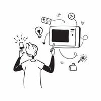 Person with smart kitchen appliance and tech overlay symbolizing smart cooking solutions in double exposure with copy space concept as A person intertwined with a smart kitchen ap Clean vector