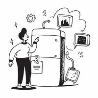 Person with smart fridge and tech overlay symbolizing advanced kitchen technology in double exposure with copy space concept as A person intertwined with a smart fridge and tech s Clean vector