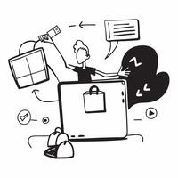 Person with online shopping cart laptop and delivery box overlay symbolizing American e commerce with copy space concept as A person intertwined with an online shopping cart lapto Clean vector