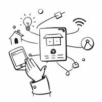 Person with smart home assistant and digital interface overlay symbolizing automated home management in double exposure with copy space concept as A person intertwined with a smar Clean vector