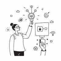 Person with smart home device and tech overlay symbolizing integrated smart living in double exposure with copy space concept as A person intertwined with a smart home device and Clean vector