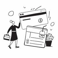 Person with shopping cart credit card and checkout counter overlay symbolizing American retail checkout with copy space concept as A person intertwined with a shopping cart credit Clean vector