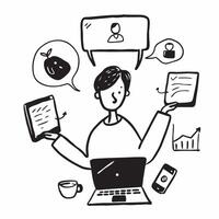 Person with laptop coffee and conference call overlay symbolizing American remote meeting lifestyle in double exposure with copy space concept as A person intertwined with a lapto Clean vector