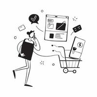 Person with electronics store gadgets and shopping cart overlay symbolizing American electronics shopping with copy space concept as A person intertwined with an electronics store Clean vector