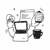 Person with coffee cup laptop and smartphone overlay symbolizing American work from home lifestyle in double exposure with copy space concept as A person intertwined with a coffee Clean vector