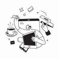 Person with coffee cup tablet and park bench overlay symbolizing American workday flexibility in double exposure with copy space concept as A person intertwined with a coffee cup Clean vector