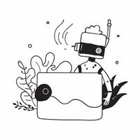 Person with a waterproof camera coral reef and snorkel overlay symbolizing underwater travel photography with copy space concept as A person intertwined with a waterproof camera c Clean vector