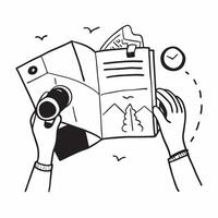 Person with a travel diary panoramic view and binoculars overlay symbolizing travel documentation photography with copy space concept as A person intertwined with a travel diary p Clean vector