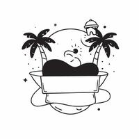 Person with a tropical island palm trees and beach towel overlay symbolizing tropical travel in double exposure with copy space concept as A person intertwined with a tropical isl Clean vector