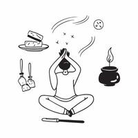 Person with a temple incense and meditation pose overlay symbolizing spiritual cultural travel with copy space concept as A person intertwined with a temple incense and meditation Clean vector