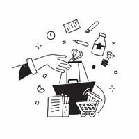 Person with a thrift store vintage items and shopping basket overlay symbolizing American thrift shopping with copy space concept as A person intertwined with a thrift store vinta Clean vector