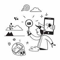 Person with a smartphone beach view and selfie stick overlay symbolizing travel selfies with copy space concept as A person intertwined with a smartphone beach view and selfie sti Clean vector