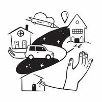 Person with a suburban house car and front yard overlay symbolizing American suburban family life in double exposure with copy space concept as A person intertwined with a suburba Clean vector