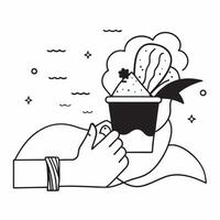 Person with a shell collection sand bucket and ocean waves overlay symbolizing beachcombing with copy space concept as A person intertwined with a shell collection sand bucket and Clean vector