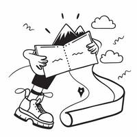 Person with a road map mountain pass and hiking boots overlay symbolizing mountain road trip with copy space concept as A person intertwined with a road map mountain pass and hiki Clean vector