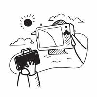 Person with a Polaroid camera sunset view and travel tote overlay symbolizing instant travel photography with copy space concept as A person intertwined with a Polaroid camera sun Clean vector