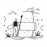 Person with a paddleboard lake view and life jacket overlay symbolizing paddleboarding adventure travel with copy space concept as A person intertwined with a paddleboard lake vie Clean vector