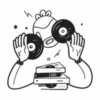Person with a music store vinyl records and headphones overlay symbolizing American music shopping in double exposure with copy space concept as A person intertwined with a music Clean Set 2 vector