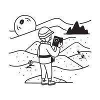 Person with a panoramic camera desert dunes and water bottle overlay symbolizing desert travel photography with copy space concept as A person intertwined with a panoramic camera Clean vector
