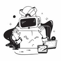 Person with a modern living room gaming console and VR headset overlay symbolizing immersive digital entertainment in double exposure with copy space concept as A person intertwin Clean vector