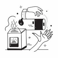 Person with a modern fireplace cozy sofa and smart thermostat overlay symbolizing contemporary home comfort in double exposure with copy space concept as A person intertwined with Clean vector