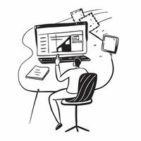 Person with a minimalist home office ergonomic chair and digital interface overlay symbolizing efficient work from home setup in double exposure with copy space concept as A perso Clean vector