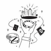 Person with a Las Vegas strip view casino chips and smartphone overlay symbolizing nightlife city life in double exposure with copy space concept as A person intertwined with the Clean vector