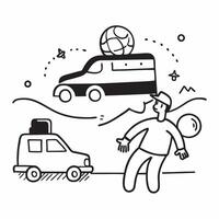 Person with a minivan soccer ball and backpack overlay symbolizing American family mobility in double exposure with copy space concept as A person intertwined with a minivan socce Clean vector