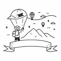 Person with a hot air balloon scenic view and binoculars overlay symbolizing scenic travel in double exposure with copy space concept as A person intertwined with a hot air balloo Clean Set 2 vector