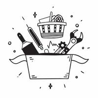 Person with a hardware store tools and shopping basket overlay symbolizing American DIY shopping in double exposure with copy space concept as A person intertwined with a hardware Clean vector