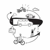 Person with a family SUV garage and bicycles overlay symbolizing American suburban mobility in double exposure with copy space concept as A person intertwined with a family SUV ga Clean vector