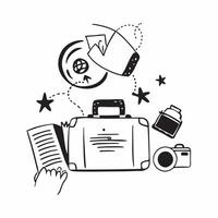 Person with a film camera vintage suitcase and travel journal overlay symbolizing nostalgic travel photography with copy space concept as A person intertwined with a film camera v Clean vector