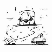 Person with a dune buggy desert view and helmet overlay symbolizing desert adventure travel with copy space concept as A person intertwined with a dune buggy desert view and helme Clean vector