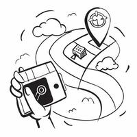 Person with a family car GPS and road map overlay symbolizing American family road trips in double exposure with copy space concept as A person intertwined with a family car GPS a Clean vector