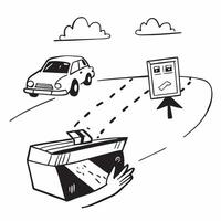 Person with a convertible car highway and travel guide overlay symbolizing modern road trip with copy space concept as A person intertwined with a convertible car highway and trav Clean vector