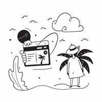 Person with a digital camera tropical island and travel guide overlay symbolizing tropical travel photography with copy space concept as A person intertwined with a digital camera Clean vector
