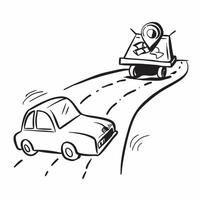 Person with a classic car open road and map overlay symbolizing nostalgic road trip with copy space concept as A person intertwined with a classic car open road and map representi Clean vector