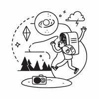 Person with a backpack hiking trail and camera overlay symbolizing adventure travel in double exposure with copy space concept as A person intertwined with a backpack hiking trail Clean Set 2 vector