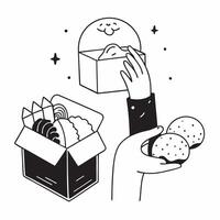 Person with a bakery pastries and takeout box overlay symbolizing American bakery shopping in double exposure with copy space concept as A person intertwined with a bakery pastrie Clean vector