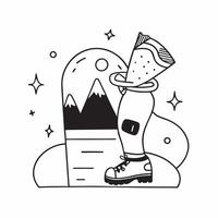 Person with a backpack hiking boots and mountain overlay symbolizing hiking adventure travel with copy space concept as A person intertwined with a backpack hiking boots and mount Clean vector
