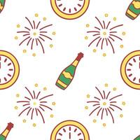 New Year seamless pattern with clocks fireworks and champagne bottles to mark the countdown to the New Year concept as Time themed New Year pattern featuring clocks fireworks and c Clean Set 2 vector