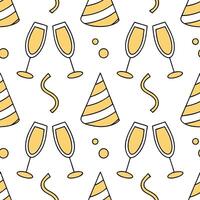 New Year seamless pattern with champagne glasses party hats and golden streamers for an elegant and festive celebration concept as Elegant New Year pattern with champagne glasses p Clean Set 4 vector