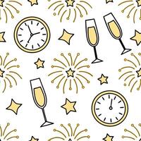 New Year celebration seamless tile pattern with fireworks champagne glasses and festive countdown vibes concept as Fireworks champagne glasses clocks and glittering gold create a s Clean vector