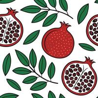 Juicy pomegranate seamless tile pattern with rich red seeds and green leaves concept as Rich red pomegranate seeds and green leaves form a juicy pomegranate seamless tile pattern f Clean vector