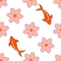Japanese Sakura and Koi seamless tile pattern with soft pinks and vibrant oranges for tranquil home decor concept as Soft pink sakura blossoms and vibrant orange koi fish arranged Clean Set 2 vector