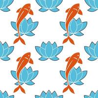 Japanese koi fish and lotus seamless tile pattern with vibrant oranges and serene blues for tranquil decor concept as Vibrant orange koi fish and serene blue lotuses arranged seaml Clean Set 2 vector